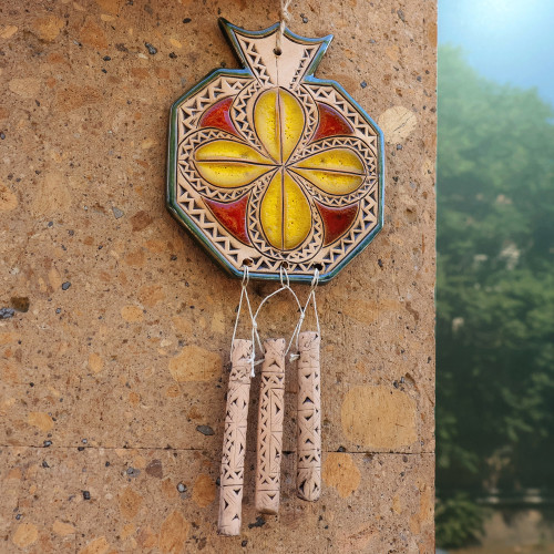 Floral Pomegranate-Shaped Ceramic Windchime in Yellow 'Prosperity Melodies'