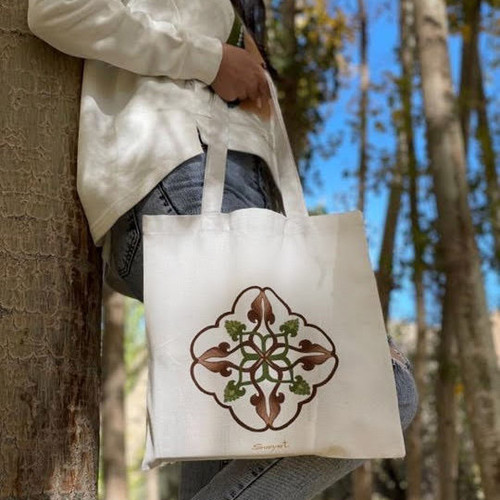 Hand-Painted Leaf and Tree Cotton Tote Bag from Armenia 'Khosrov Forest'