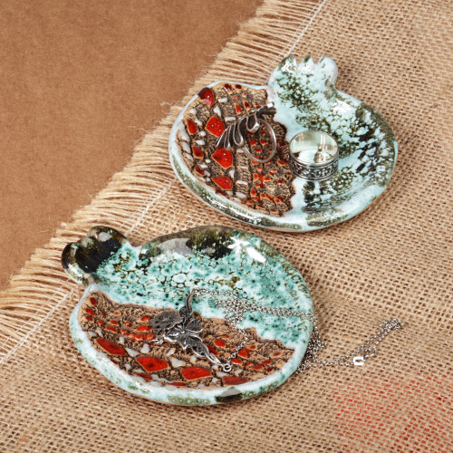 Pair of Glazed Aqua and Red Ceramic Pomegranate Catchalls 'Omens from the Sky'