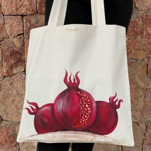 Pomegranate-Inspired Hand-Painted Red Cotton Tote Bag 'Red Nur'