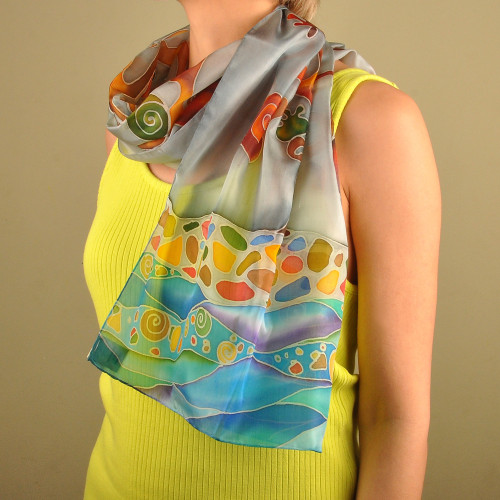 Traditional Hand-Painted Nur Tree Silk Scarf in Grey 'Nur of Armenia'