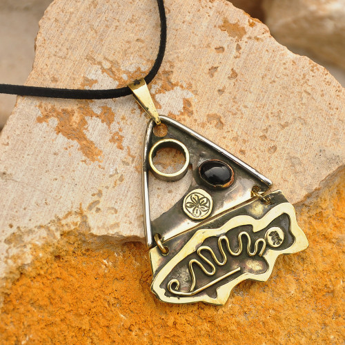 Fish-Themed Brass and Melchior Pendant Necklace with Onyx 'Fish Life'