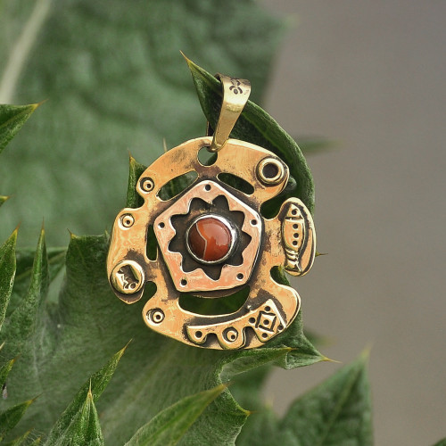 Brass and Sterling Silver Pendant Necklace with Carnelian 'Sun over Armenia'