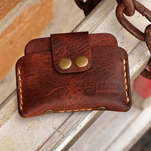 Handmade Brown Leather Card Holder with Double Snap Closure 'Double Fortune in Brown'