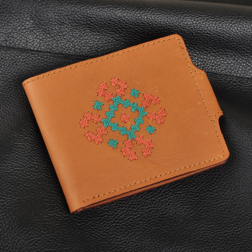 Cross-Stitch Embroidered Brown Leather Wallet from Armenia 'Marash Fortune in Brown'