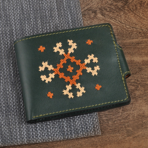 Cross-Stitch Embroidered Green Leather Wallet from Armenia 'Marash Fortune in Green'