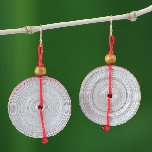 Hand Crafted Recycled Paper Dangle Earrings 'Hot Breakfast'