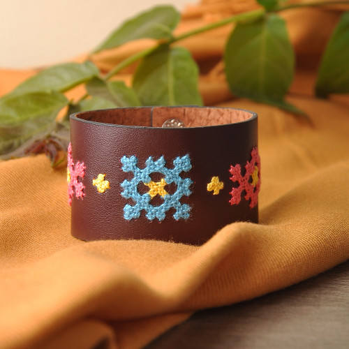 Dark Brown Leather Wristband Bracelet with Floral Details 'Marash Blooms'