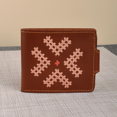 Brown Leather Wallet with Colorful Armenian Hand Embroidery 'Marash Fortune'