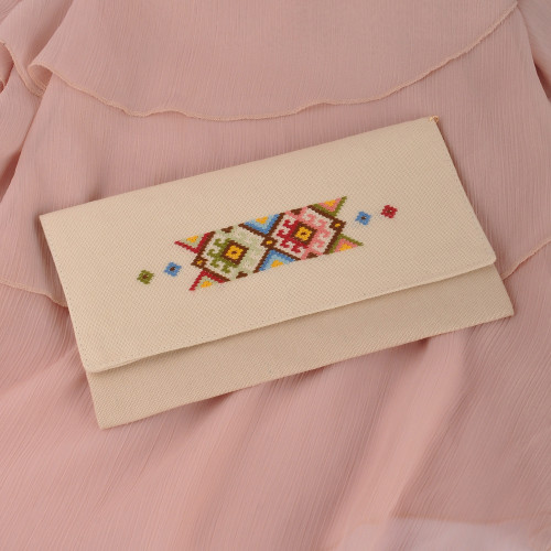 Beige Cotton Clutch With Geometric Svaz Embroidery Accent 'Svaz Dame'