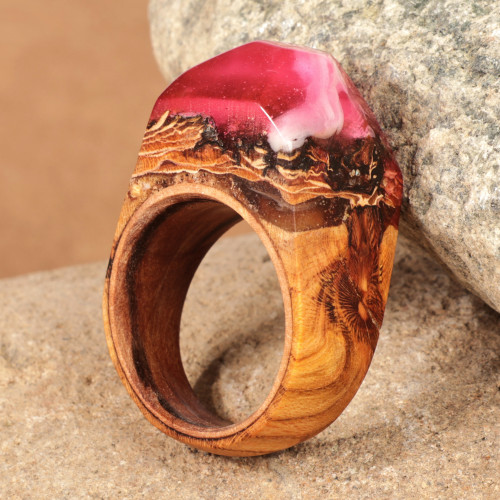 Handcrafted Wood and Resin Domed Ring in Pink and White 'Pink Spectacle'