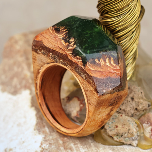 Handcrafted Wood and Resin Domed Ring in Green and Gold 'Unparalleled Beauty'