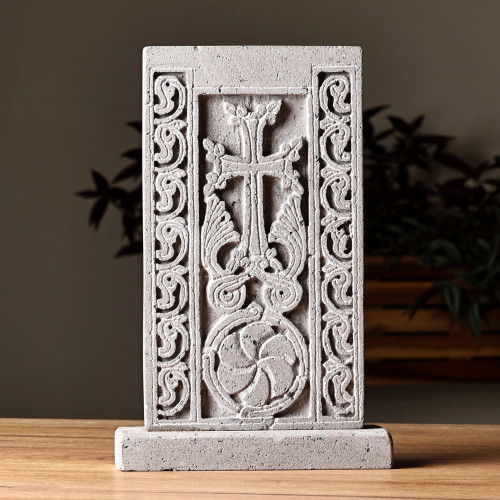 Hand-Carved Traditional Floral Basalt Stone Stela Sculpture 'Faith Flower'