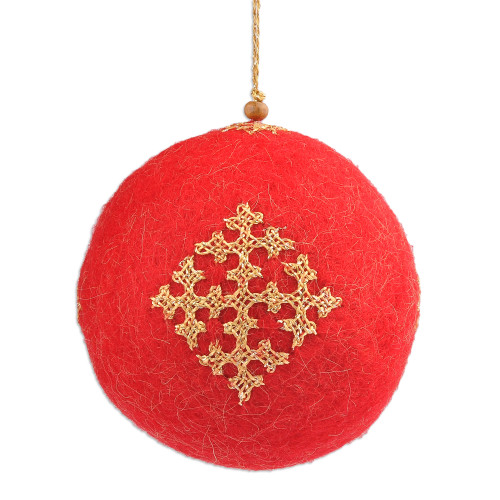 Handcrafted Embroidered Wool Egg Ornament in Red and Golden 'Marash's Fruit'