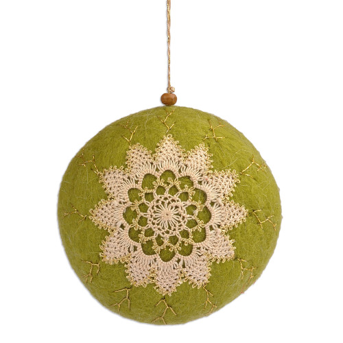 Floral Green Wool Felt Ornament with Embroidered Motifs 'Armenia Gardens'