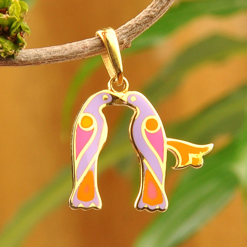 Folk Art Bird-Themed Gold-Plated Pendant with Pink Rr Letter 'Pink Birds of Armenia'