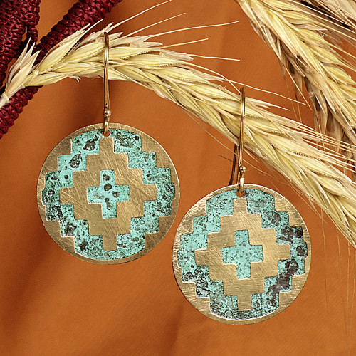 Geometric-Themed Brass Dangle Earrings with Antique Finish 'Armenian Geometry'