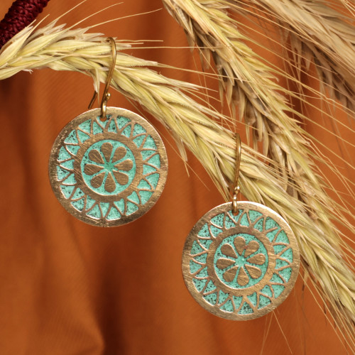 Brass Sun and Flower Dangle Earrings with Oxidized Finish 'Armenian Floral Sun'