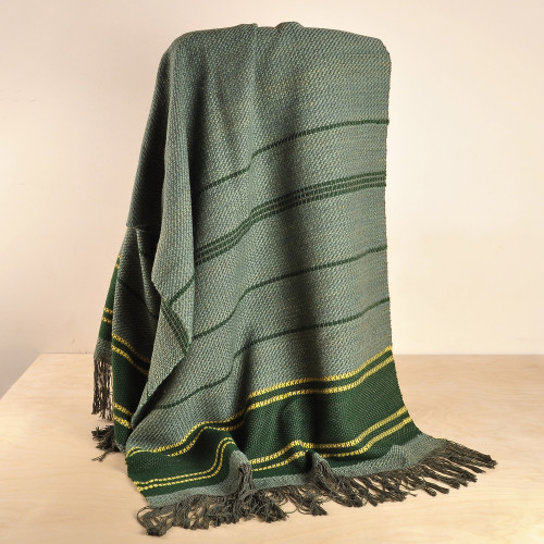 Hand-Woven Striped Wool Throw in Green  Yellow from Armenia 'Cozy Green'