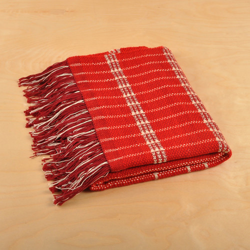 Striped Red and Beige Wool Throw Hand-Woven in Armenia 'Warm and Cozy'