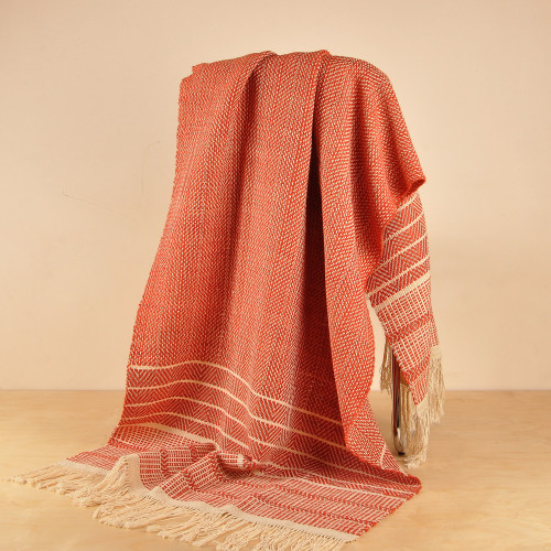 Hand-Woven Striped Wool Throw in Salmon  Ivory from Armenia 'Cozy Salmon'