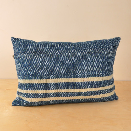 Indigo and Ecru Wool Cushion Cover with Geometric Motifs 'Indigo Signals'