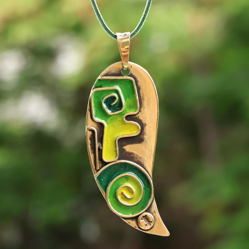 Hand-Painted Green Leafy Brass Pendant Necklace 'Everlasting Green'