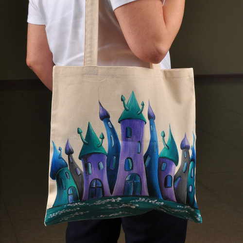Hand-Painted Cotton Tote Bag with Armenian Monastery Motif 'Blue Castle Monastery'