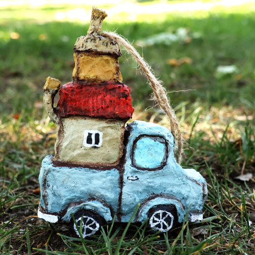 Hand-Painted Papier Mache Ornament of Travelling Truck 'Terrestrial Voyages'