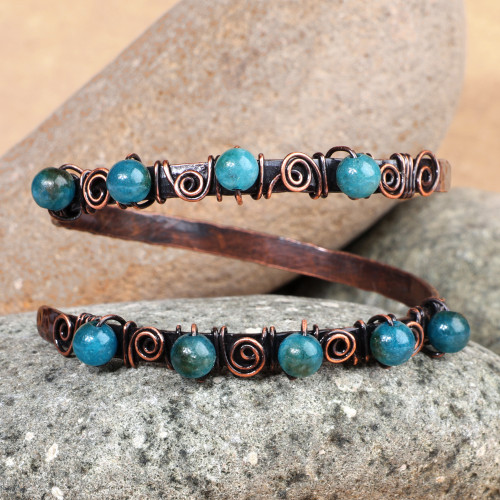 Antique Armenian Copper Wrap Bracelet with Teal Agate Beads 'Infinite Teal'