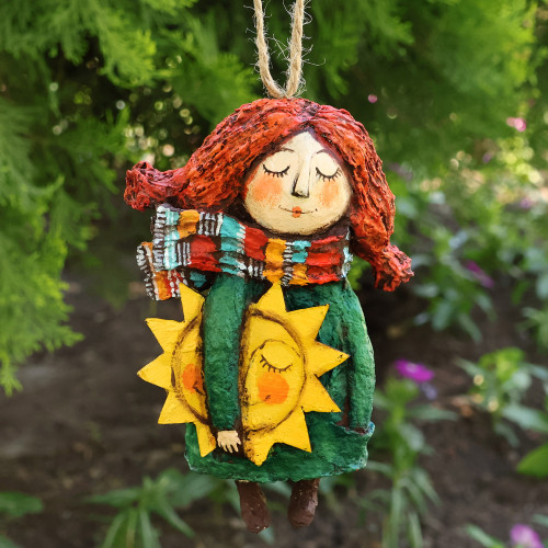 Hand-Painted Papier Mache Ornament of Girl and Sun 'Dreamy Sunshine'