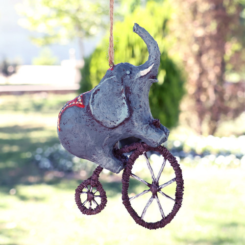 Hand-Painted Papier Mache Ornament of Elephant on a Bike 'Giant's Spectacle'