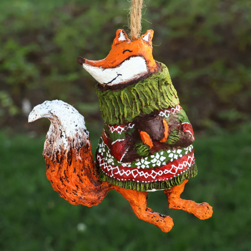 Hand-Painted Papier Mache Christmas Fox Ornament 'Snuggly Fox'