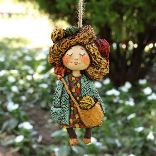 Hand-Painted Papier Mache Ornament of Girl and Yarns 'Dreamy Yarns'