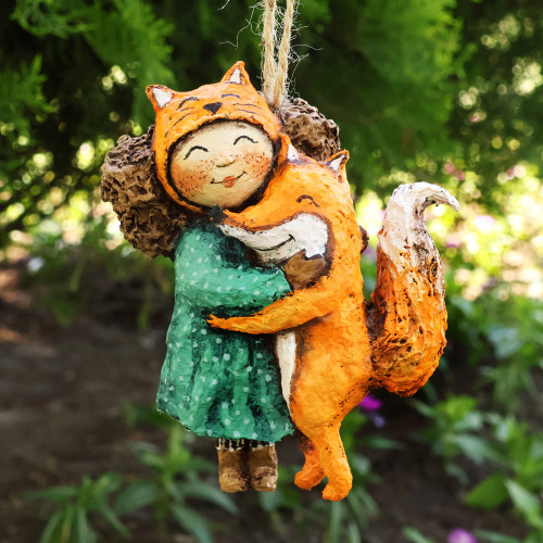 Hand-Painted Papier Mache Ornament of Girl and Fox 'Dreamy Friends'