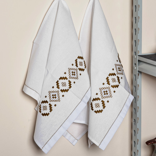 Embroidered Golden and White Cotton Tea Towels Pair 'Treasure Diamonds'