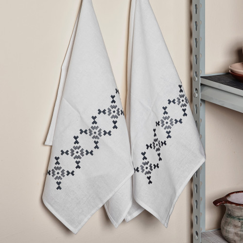 Pair of Embroidered Grey and White Cotton Tea Towels 'Slate Serenity'