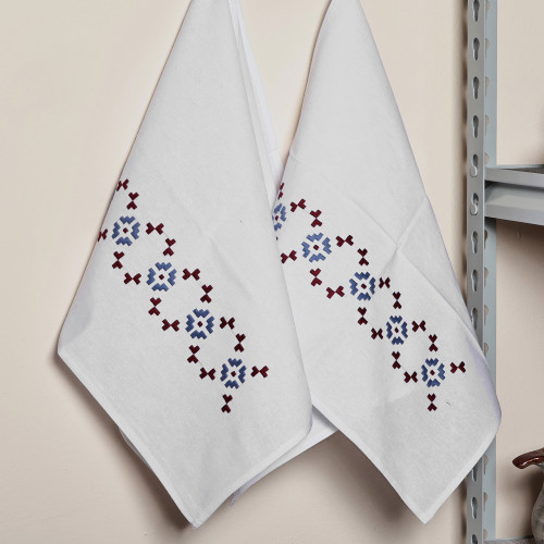 Pair of Embroidered Red and Blue Cotton Tea Towels 'Royal Serenity'