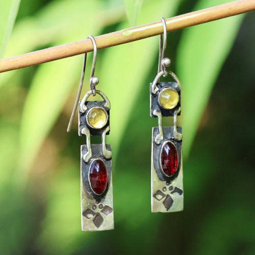 Synthetic Ruby and Sapphire Sterling Silver Dangle Earrings 'Evening Radiance'