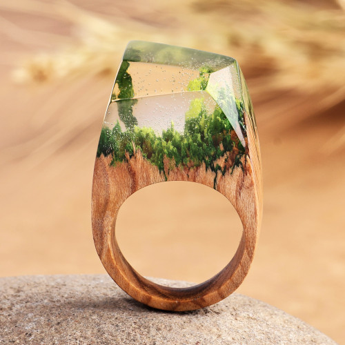 Nature-Themed Resin Pear Wood Cocktail Ring from Armenia 'River Dream'