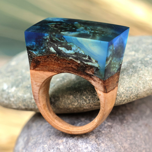 Handmade Blue Nature-Themed Resin and Pearwood Cocktail Ring 'Dream Lake'