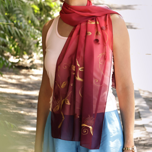 Red Silk Scarf with Hand-Painted Pomegranate  Leaf Motifs 'Chic Pomegranate'