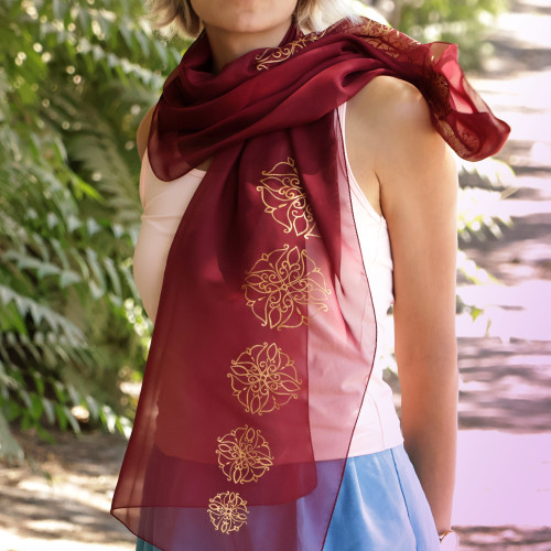 Burgundy Silk Scarf with Hand-Painted Floral Motifs in Gold 'Burgundy Flowers'