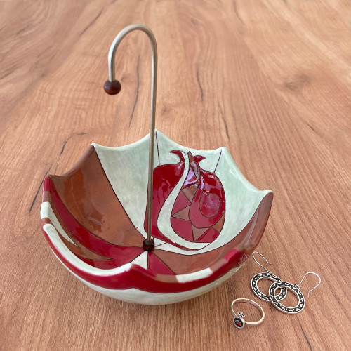 Glazed Red and Green Ceramic Umbrella Jewelry Stand Catchall 'Inverted Pomegranate Umbrella'