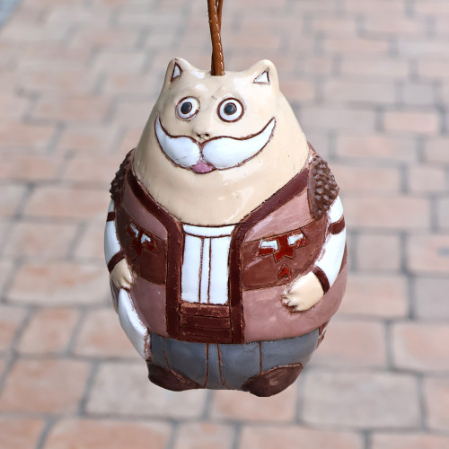 Hand-Painted Cat Ceramic Bell Ornament with Leather Cord 'Gallant Cat'