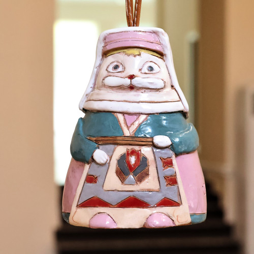 Painted Feline Lady Ceramic Bell Ornament with Leather Cord 'Madam Cat'