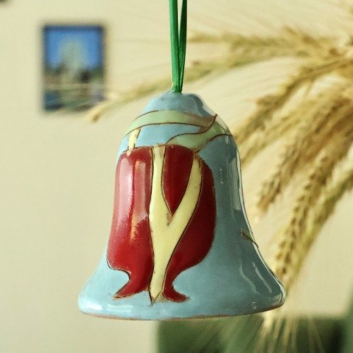 Handmade Glazed Ceramic Bell Ornament with Pomegranate Motif 'Lovely Pomegranate'