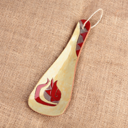 Pomegranate-Themed Painted Beige Ceramic Spoon Rest 'Romance Flavors'