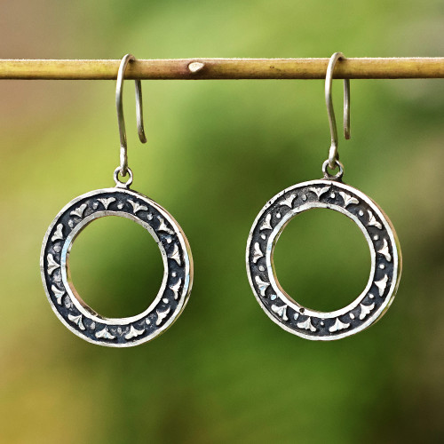 Polished Round Floral Sterling Silver Dangle Earrings 'Mountain Halo'