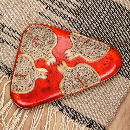 Triangular Red-Orange Ceramic Platter with Traditional Theme 'Abundance Realm'